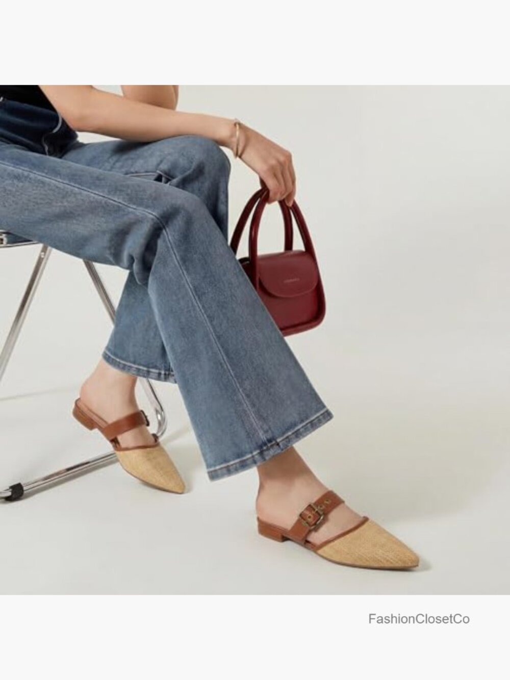 Natural Raffia Woven Pointed Toe Mule Flats with Adjustable Buckle - Picture 2 of 7